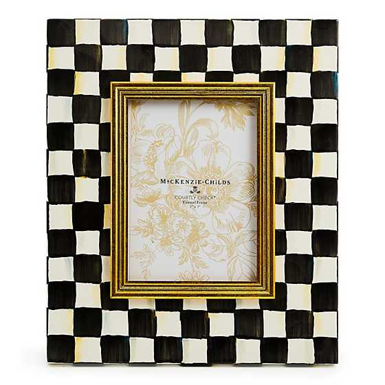 Hand-glazed steel enamel frame with Courtly Check pattern holding a photo.