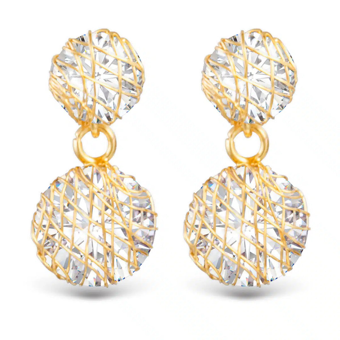 Gold wire overlay drop earrings featuring round cubic zirconia stones in a cage-like design.