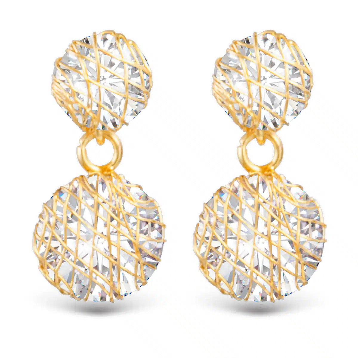 Gold wire overlay drop earrings featuring round cubic zirconia stones in a cage-like design.