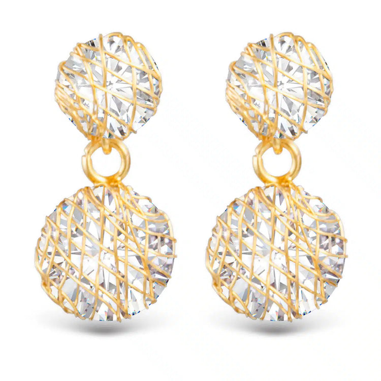 Gold wire overlay drop earrings featuring round cubic zirconia stones in a cage-like design.