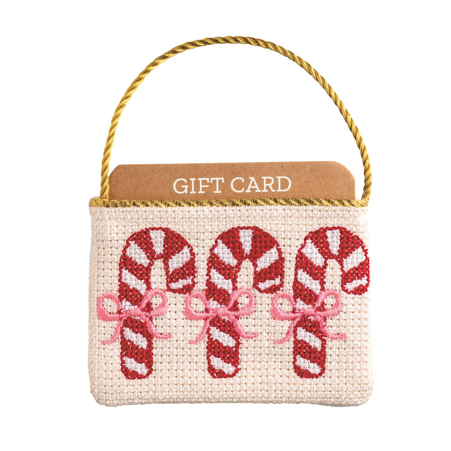 Needlepoint gift card pouch with three candy canes and a gold cord hanger.