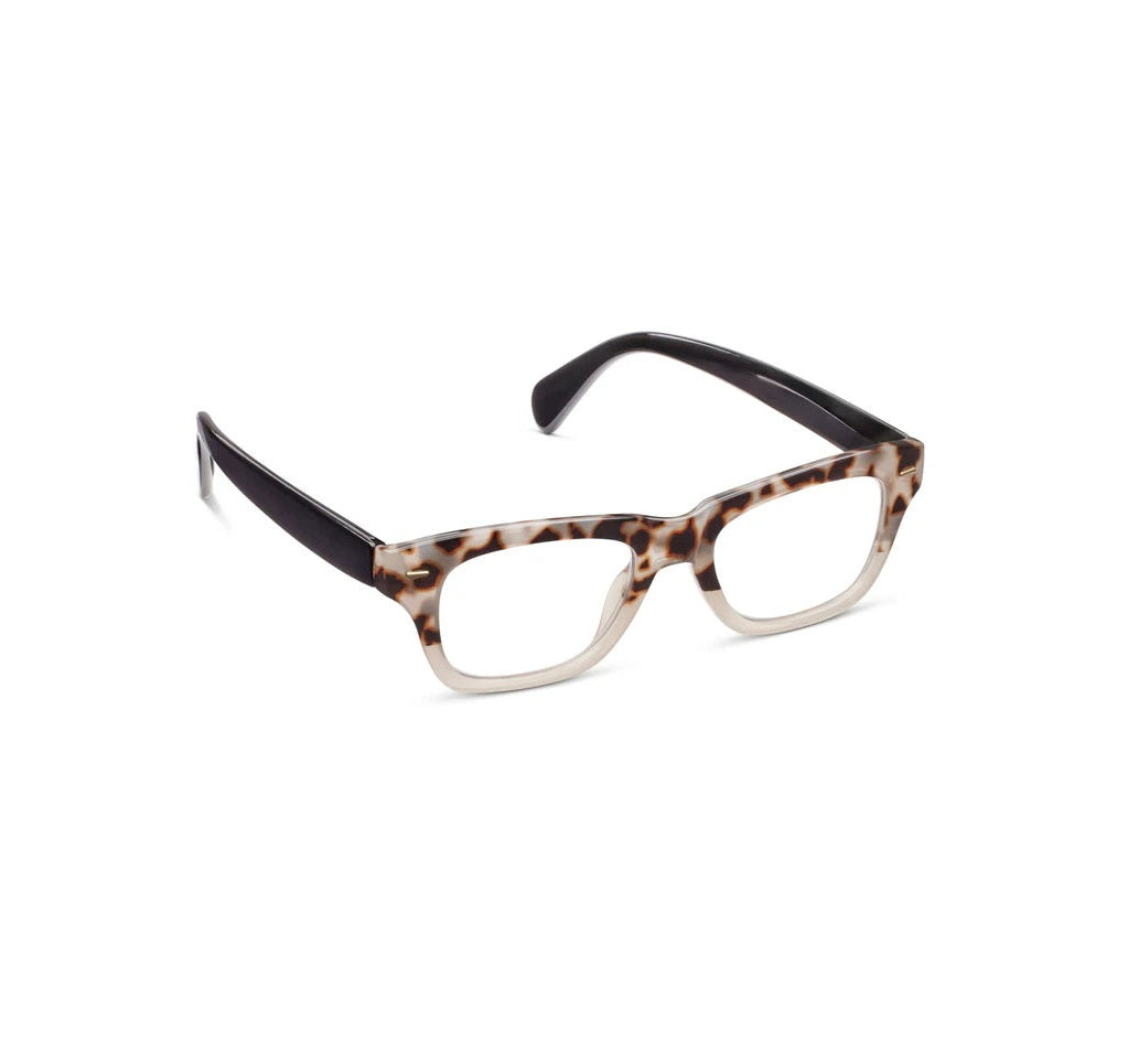 Cold Brew glasses with a tortoise-patterned front, clear lower rims, and solid black temples.