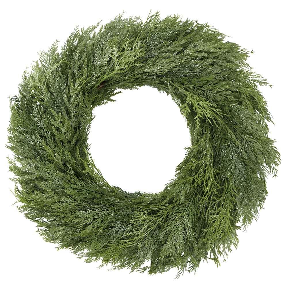 30-inch green mixed cedar wreath with glittered finish and climbing fern accents on iron wire frame