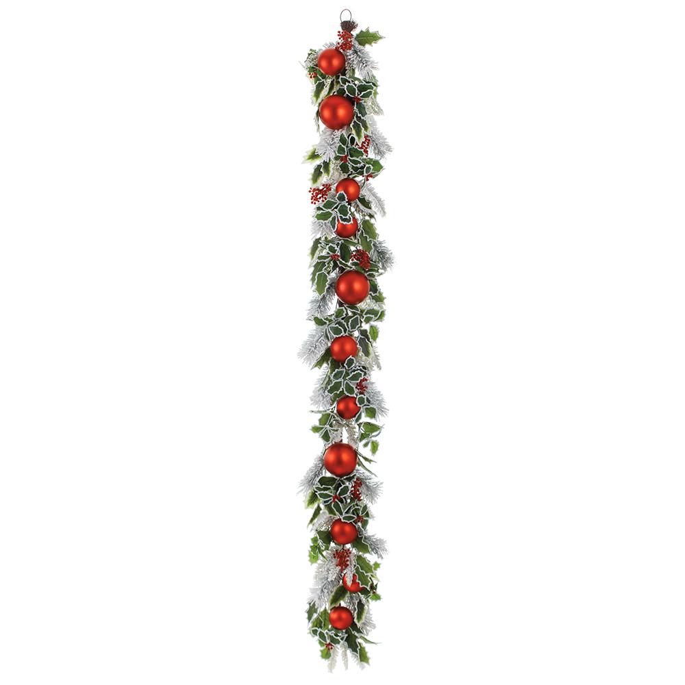 6' snowed holly garland with red ornaments, green leaves, and frosted pine needles.