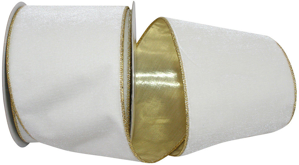 Ivory plush velvet wired edge ribbon with metallic gold backing and trim on a spool.