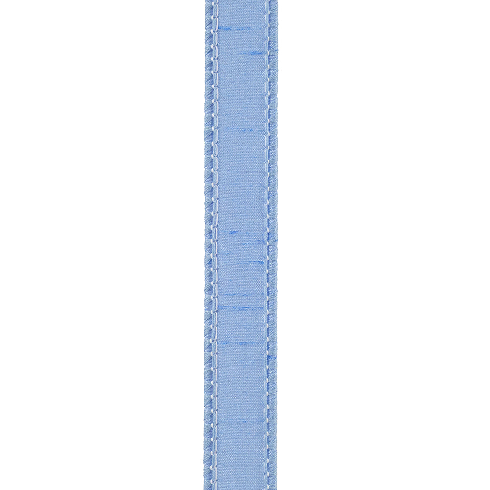 7/8 inch light blue Dupioni Supreme wired edge ribbon with a textured finish.