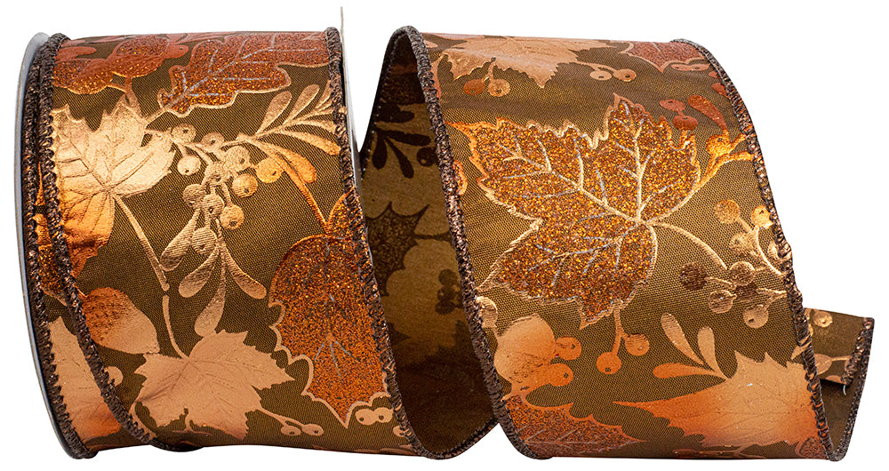 Copper metallic wired edge ribbon featuring a pattern of glittery autumn leaves and acorns.