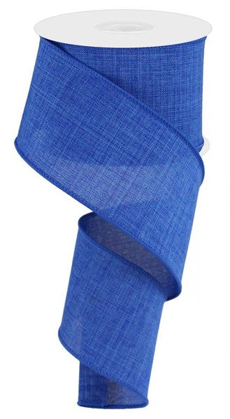 A spool of royal blue burlap-style ribbon made from polyester.