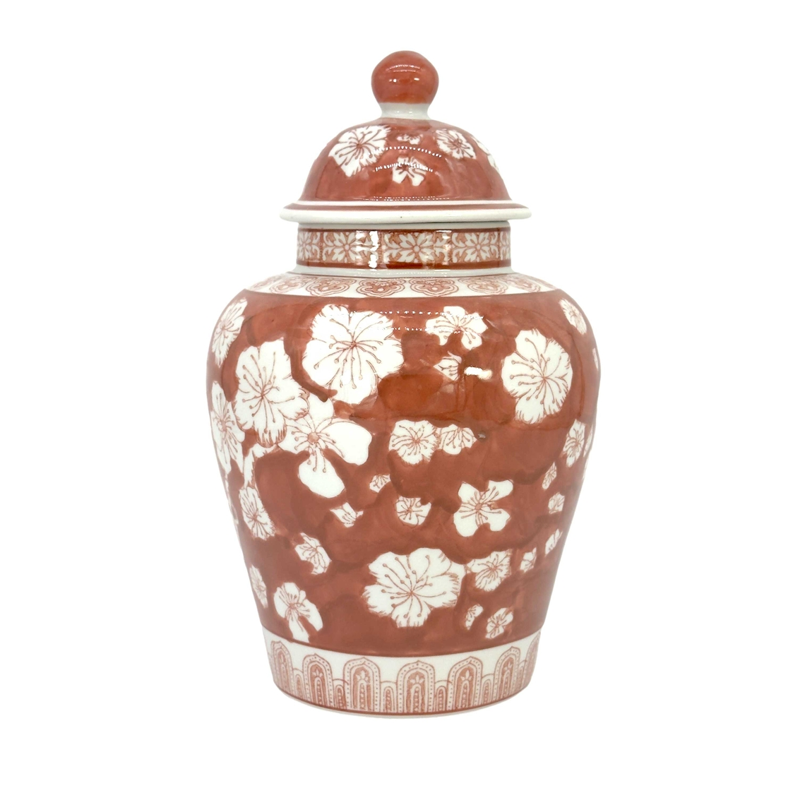 12-inch terracotta and white floral chinoiserie ceramic ginger jar with lid.