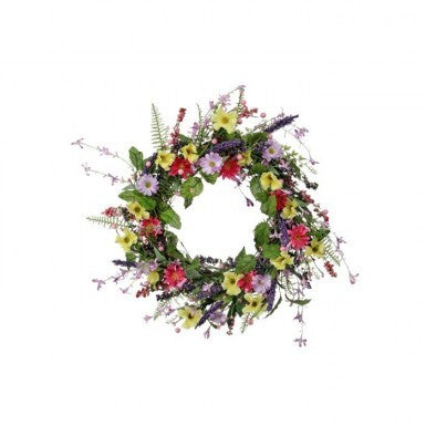 Round wooden wreath featuring a country-style wildflower arrangement in natural tones.