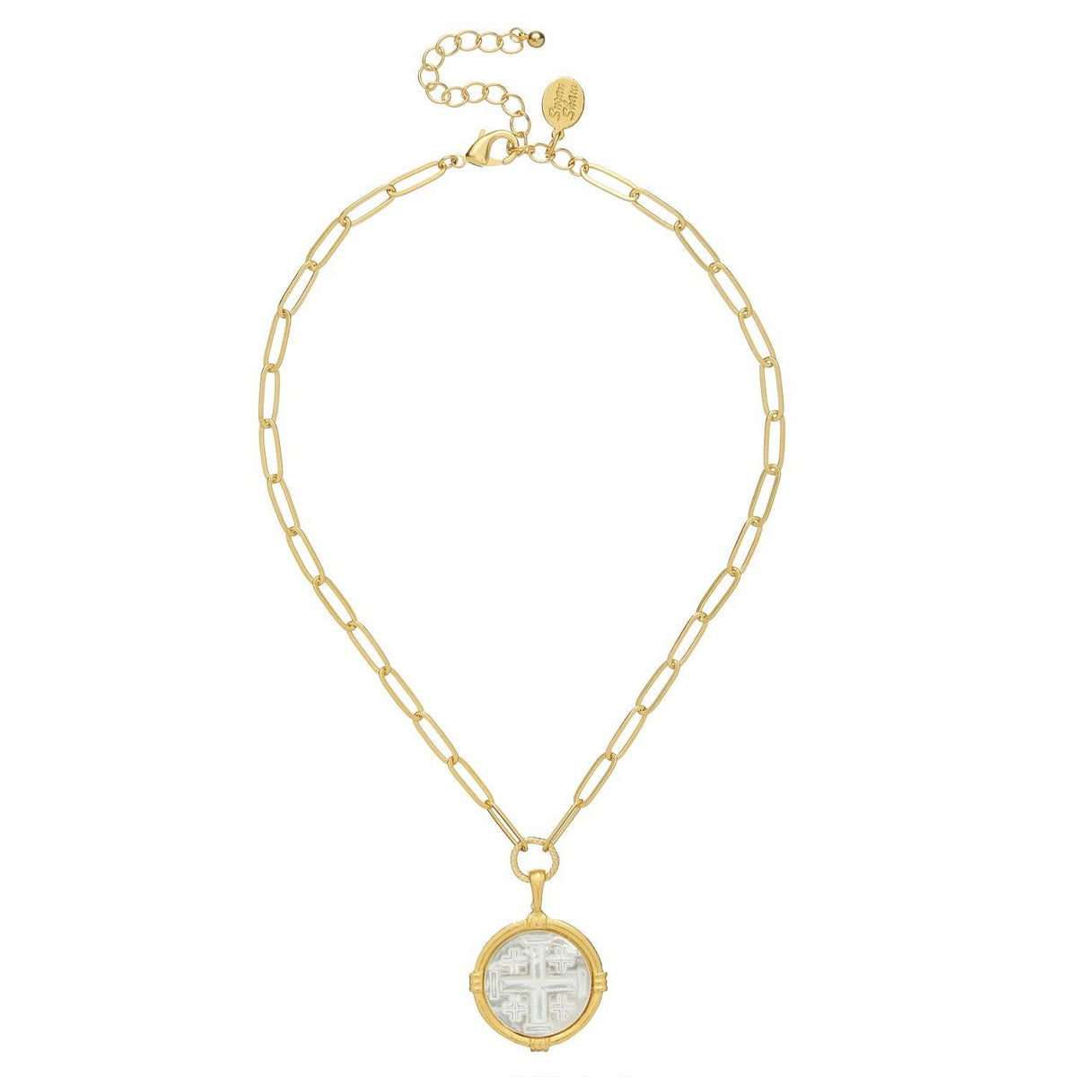 Triple-plated gold necklace with a Mother of Pearl Jerusalem Cross pendant on an extender chain.