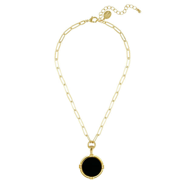 Black onyx pendant Ida paperclip necklace with flush-fit lightweight chain.