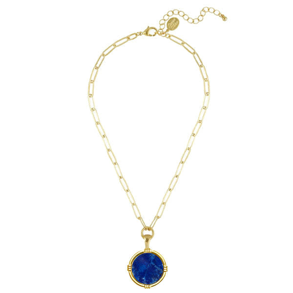 Blue lapis paperclip chain necklace with flush pendant