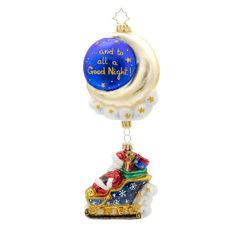 Moonlight Sleigh Ride ornament with Santa in a sleigh hanging below a crescent moon and night sky.