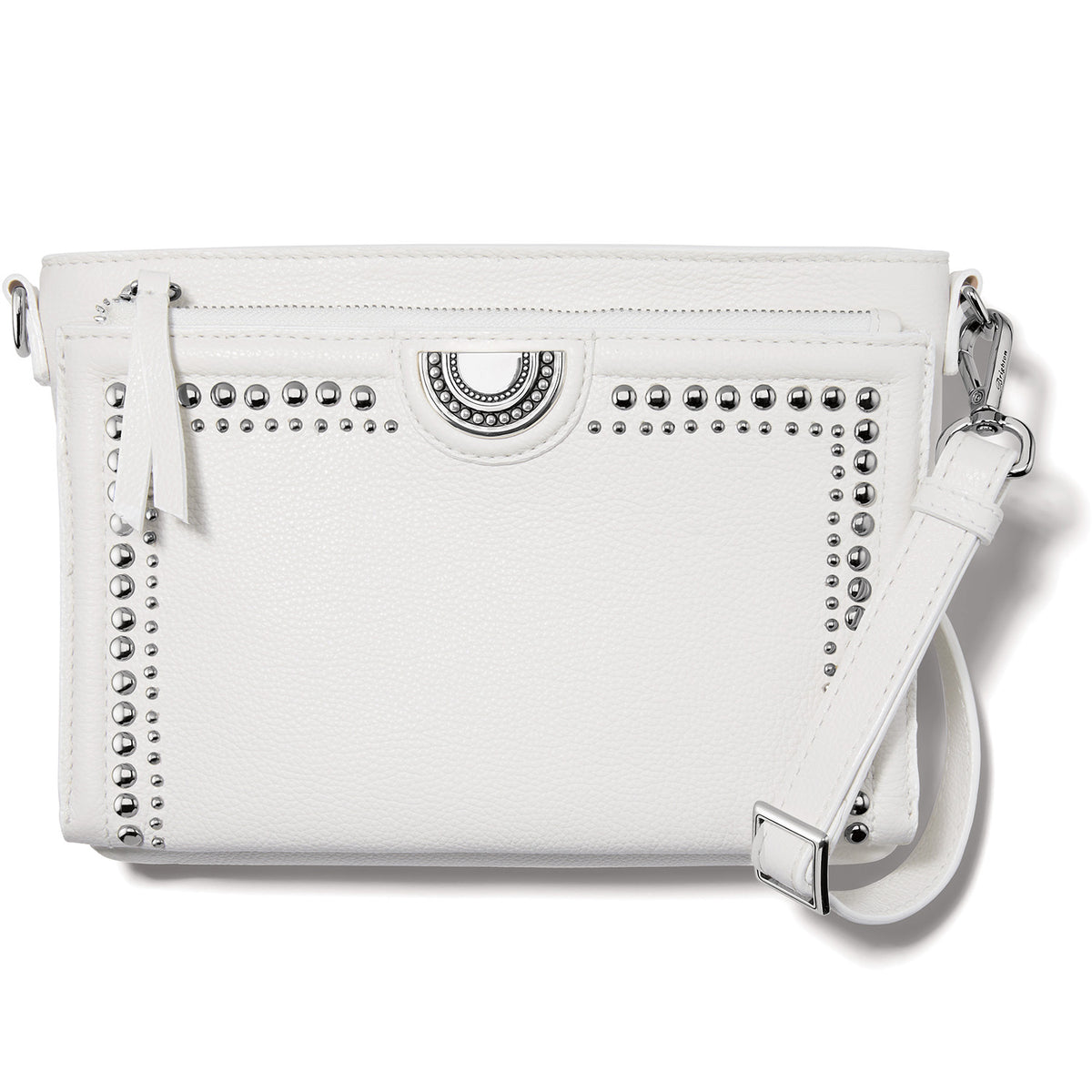 Black leather Jordyn cross body organizer with raw edge contour, ziptop closure, and multiple exterior pockets.
