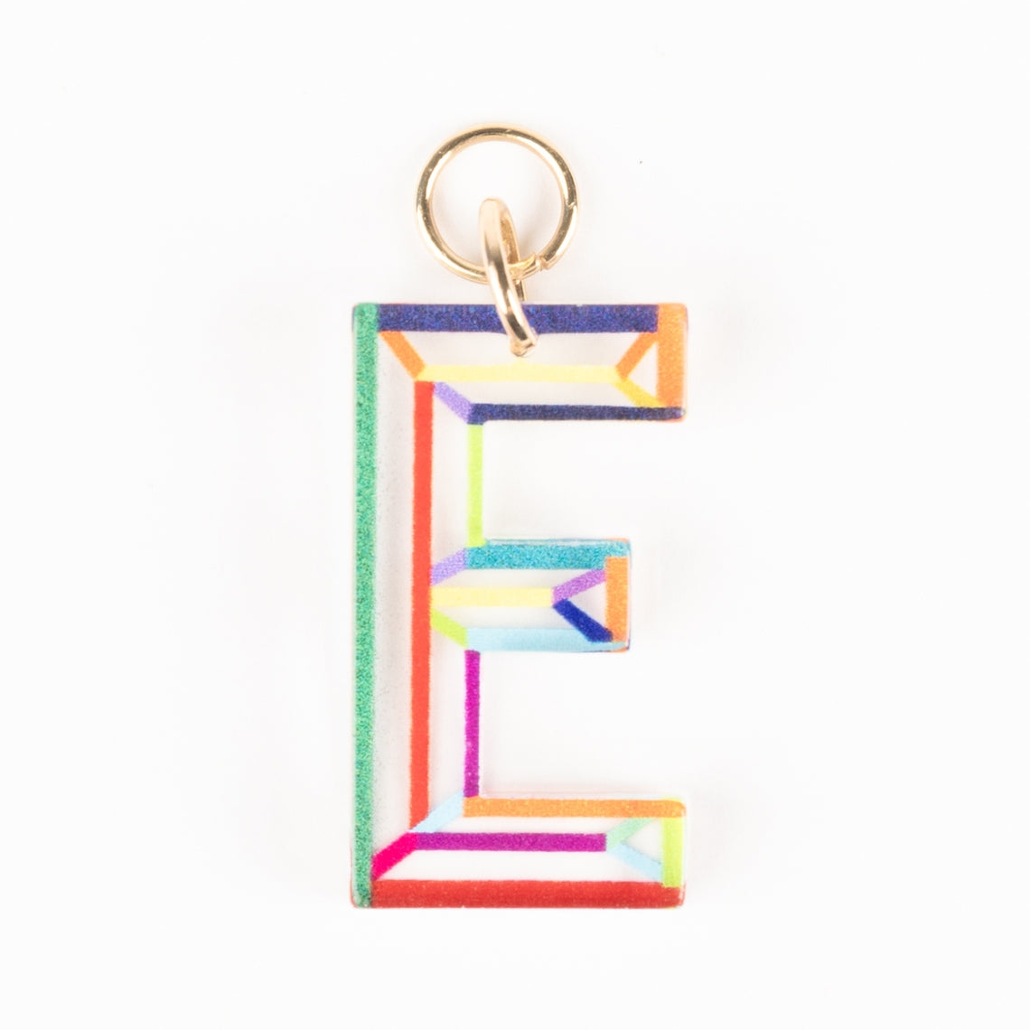 Marlow Initial Bag Charm featuring a colorful geometric letter E with 18K gold plated hardware.