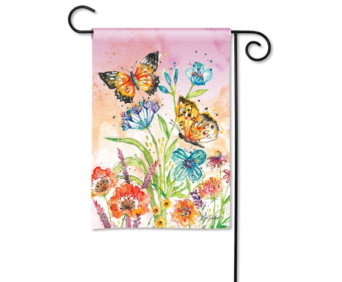 Garden flag with watercolor butterflies and wildflowers in pink, orange, and blue.