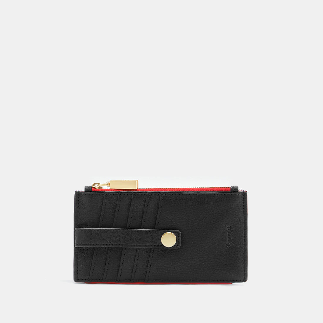 Brown leather wallet with snap closure, zipper pocket, and credit card slots.