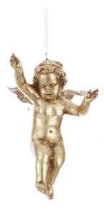 Gold cherub ornament with wings, hanging from a thin string, made of resin and paint.