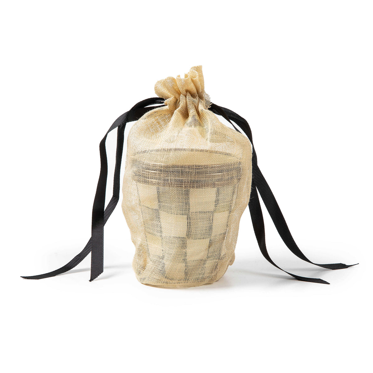 Sterling Check Enamel Herb Pot inside a gold mesh drawstring gift bag with black ribbons.