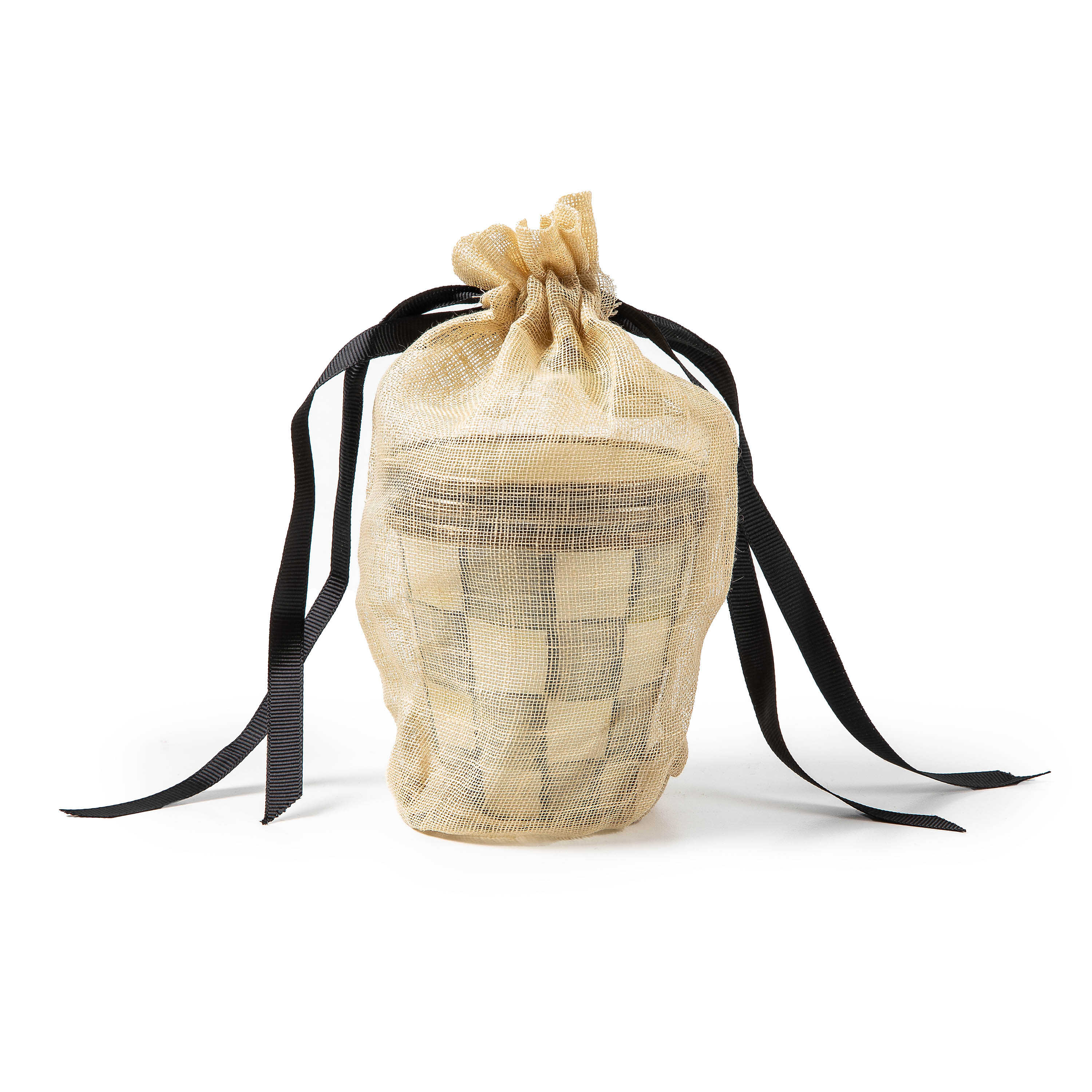 Sterling Check Enamel Herb Pot inside a gold mesh drawstring gift bag with black ribbons.
