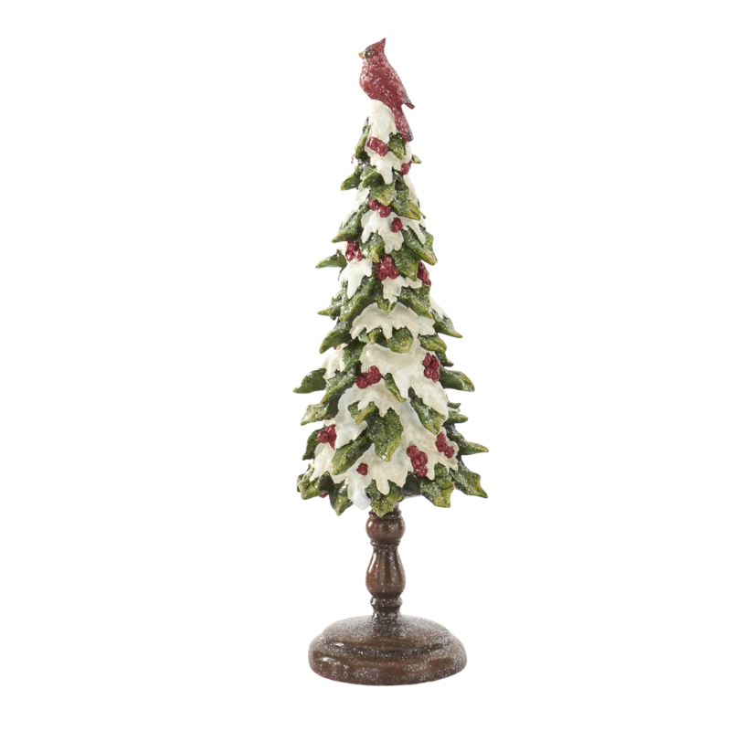 Glittered resin snow-covered holly tree with red berries and a cardinal bird topper on a brown base.