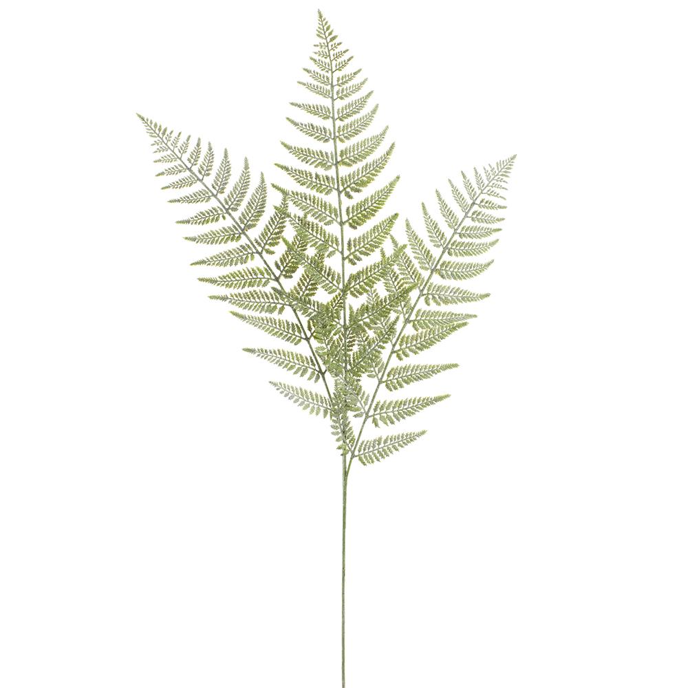 42-inch green glittered fern spray with three textured fronds on a long stem.