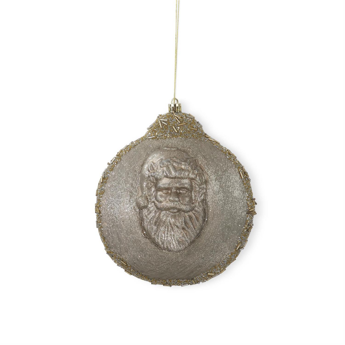 7-inch round gold shatterproof ornament featuring a raised Santa head design with glitter accents.