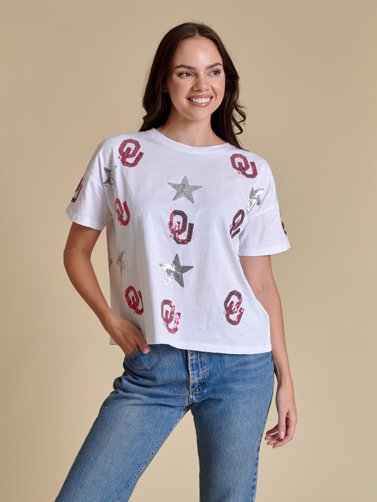 Boxy sequin tee in silver with a relaxed fit