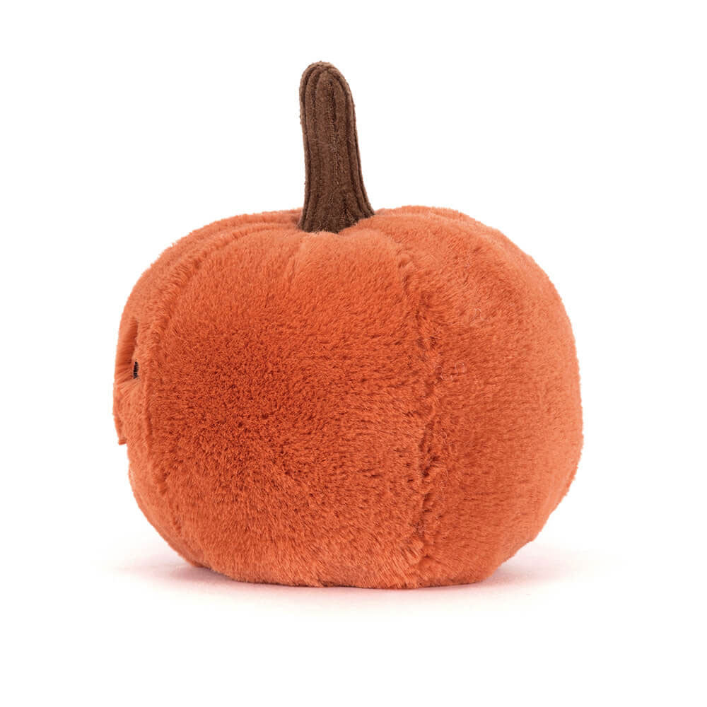 Side view of the Ooky Jack O Lantern, a round orange plush pumpkin with a brown stem.