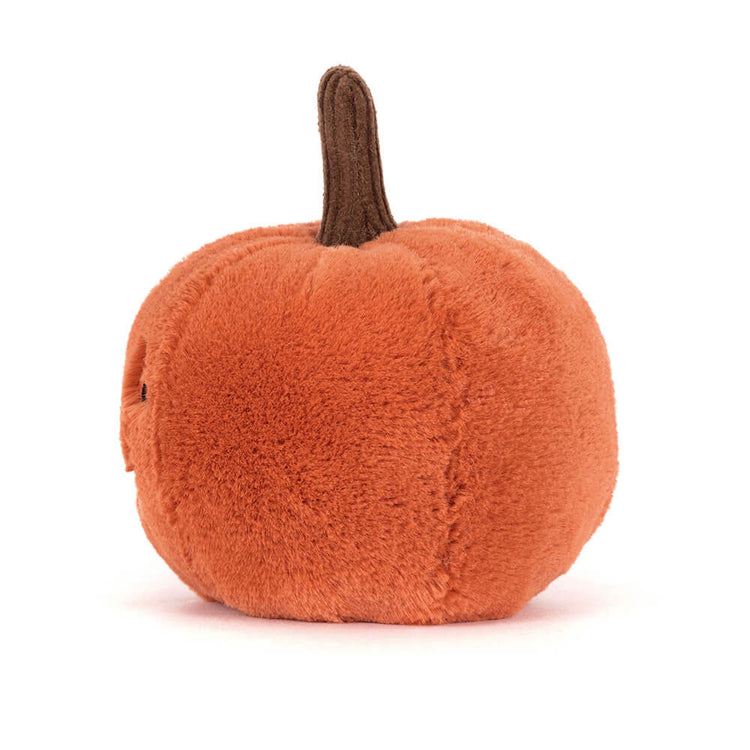 Side view of the Ooky Jack O Lantern, a round orange plush pumpkin with a brown stem.