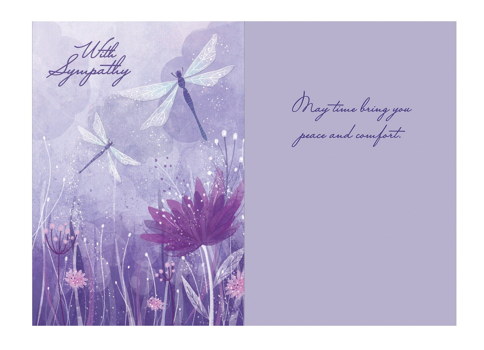Purple cardstock featuring a black line drawing of two dragonflies.