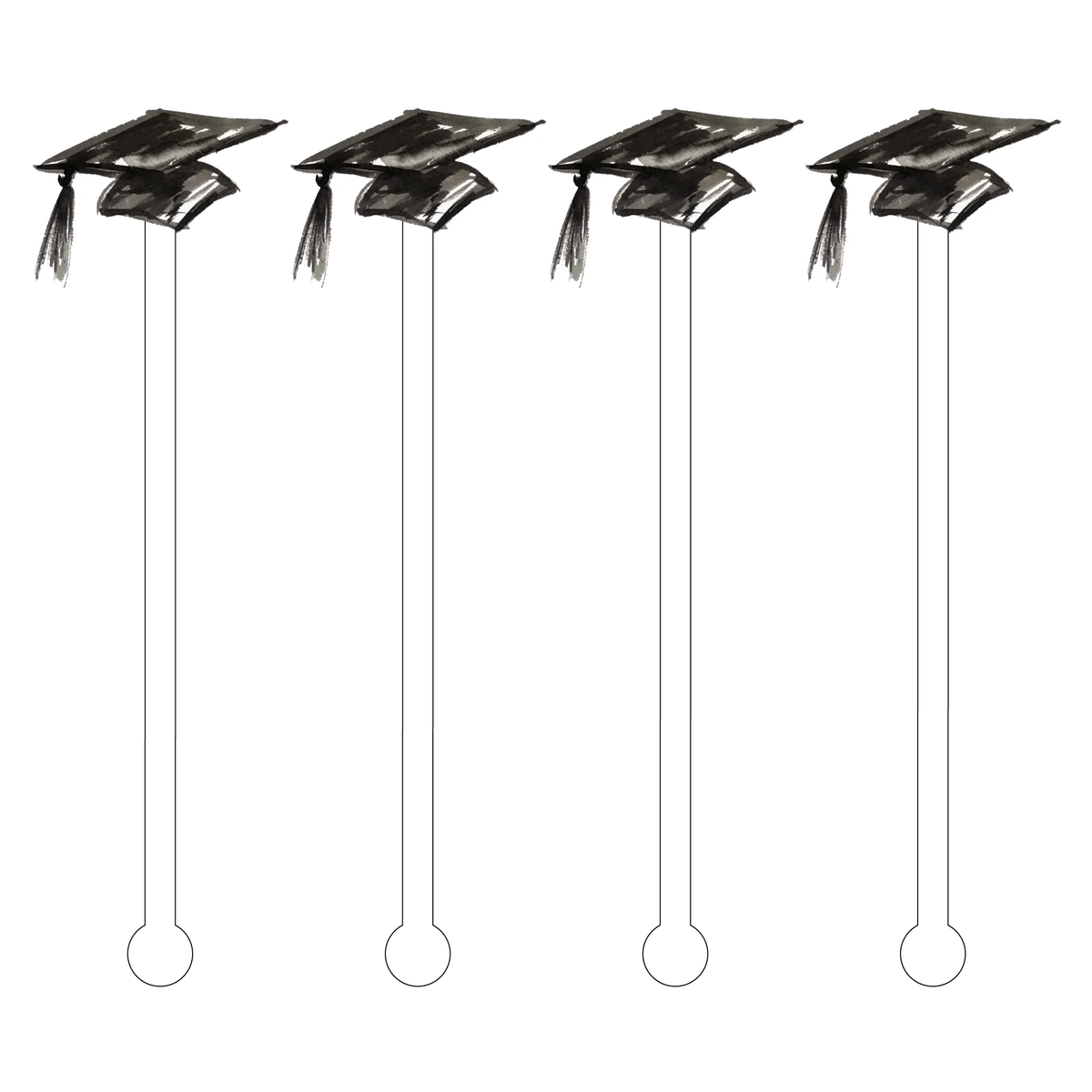 Set of four 6-inch acrylic drink stir sticks topped with black watercolor graduation caps.