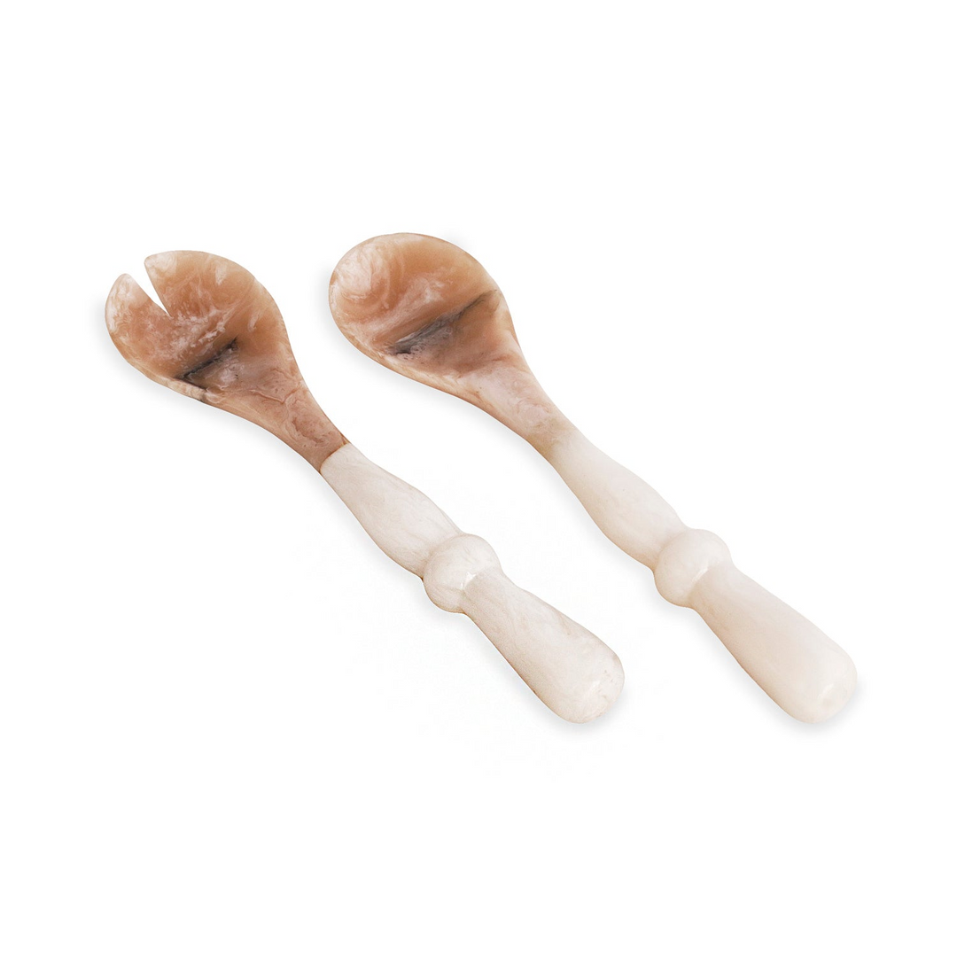 Resin Alabaster Salad Servers with white and tan swirl patterns and elegant curved handles.
