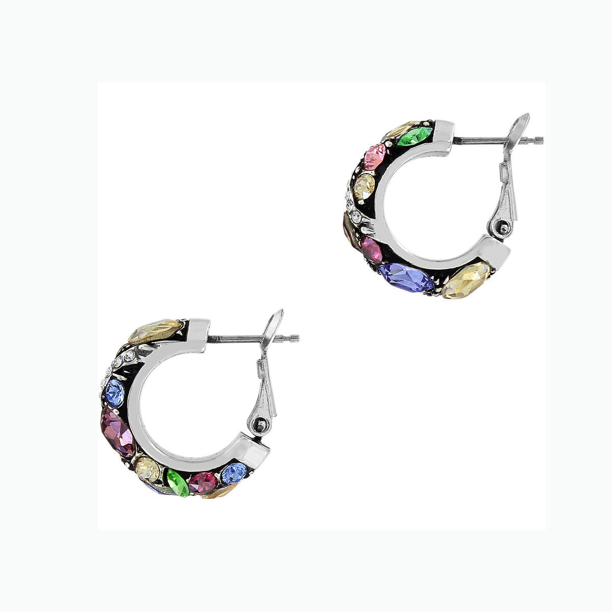 Silver plated Trust Your Journey hoop earrings with multi-colored pastel crystals.