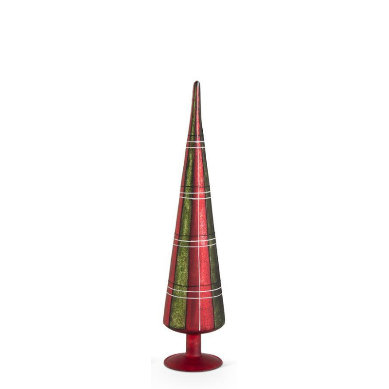 Red and green tartan pattern tabletop glass tree with a slender conical shape and red base.