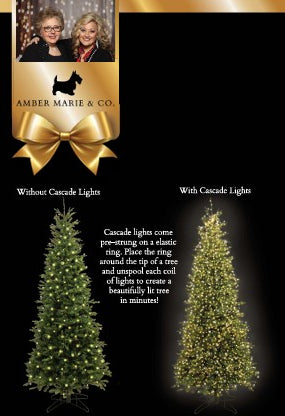 Comparison of a Christmas tree without and with 1080L Warm White Twinkle Cascade Tree Lights.