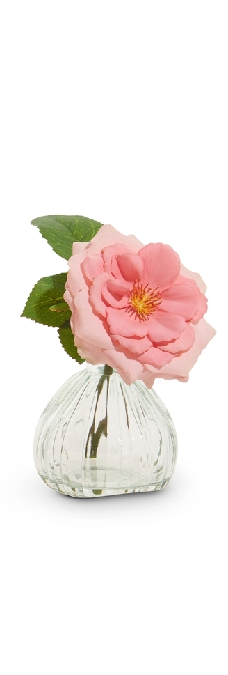6.5-inch pink rose stem in a clear glass vase with plastic base