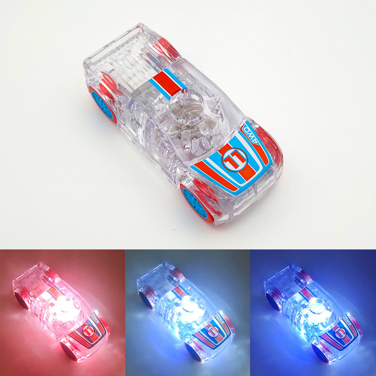 Clear toy race car with blue and red racing stripes and illuminated lights.