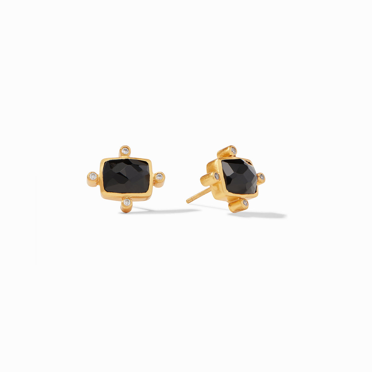 Clara Stud Gold earrings featuring rectangular black glass stones and cubic zirconia accents.