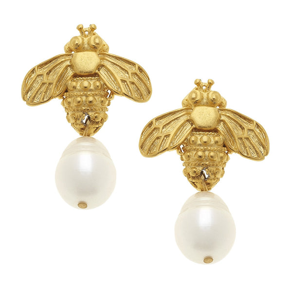 Gold bee earrings with white freshwater pearl drops and post backs.