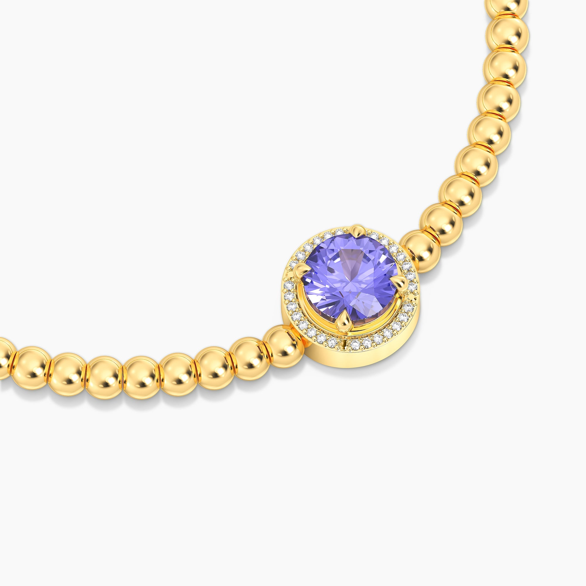 Gold-plated beaded bracelet with a round-cut purple tanzanite center stone and diamond halo.