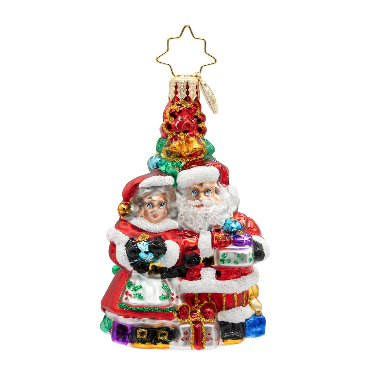 Holiday Harmony Gem glass ornament featuring Santa and Mrs. Claus decorating a Christmas tree.