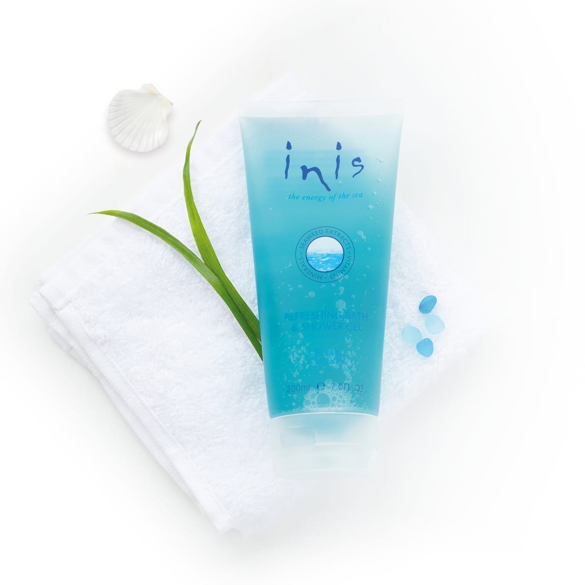 Inis Refreshing Bath & Shower Gel in a clear bottle with white cap.