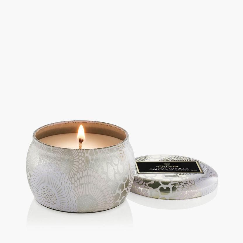 Santal Vanille Mini Tin candle in a small metallic tin with natural wick.