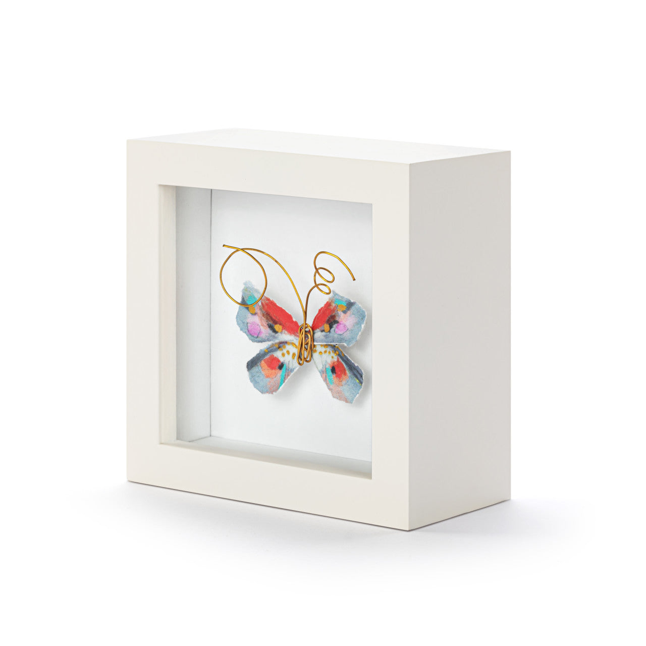 Wood composite butterfly shadow box with glass front and copper accents.