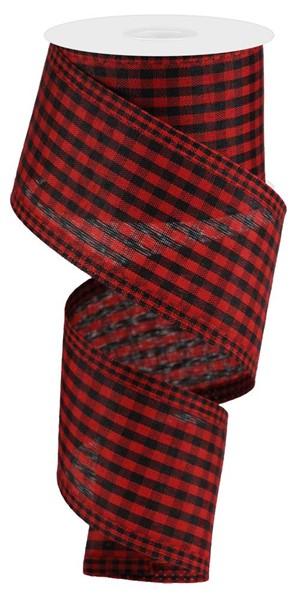 2.5-inch wide red and black gingham polyester ribbon on a spool for craft and wreath decoration.