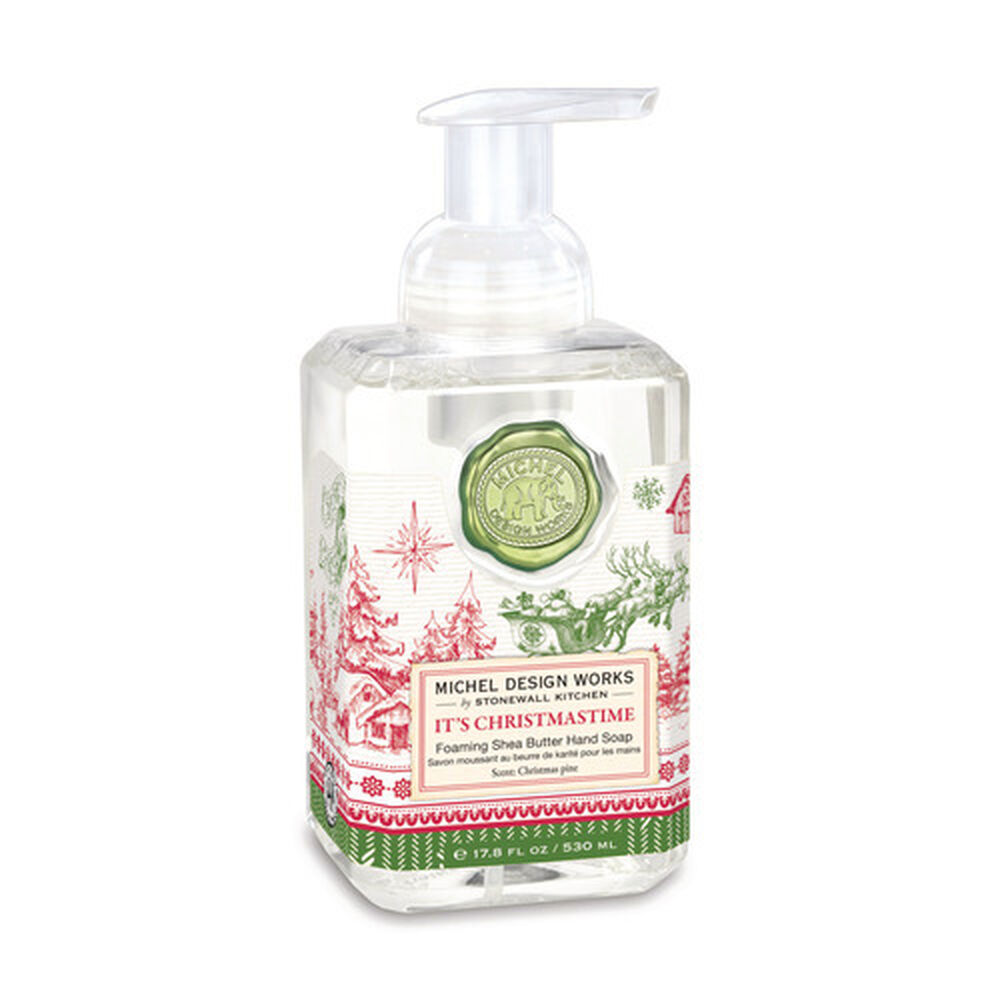 Foaming hand soap dispenser in white plastic with a pump mechanism.