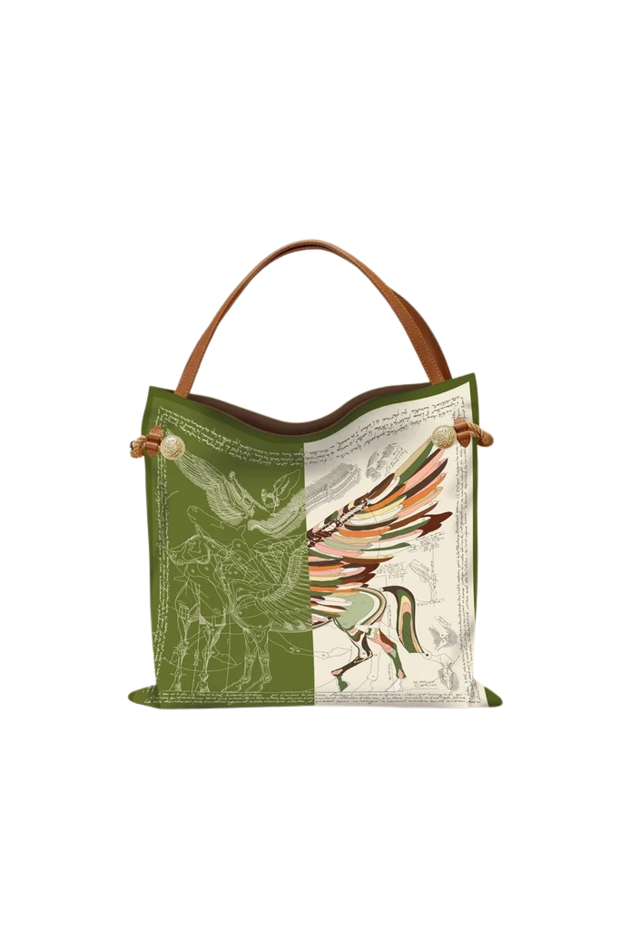 Boho scarf tote bag in green and white with a Pegasus illustration and brown leather handle.