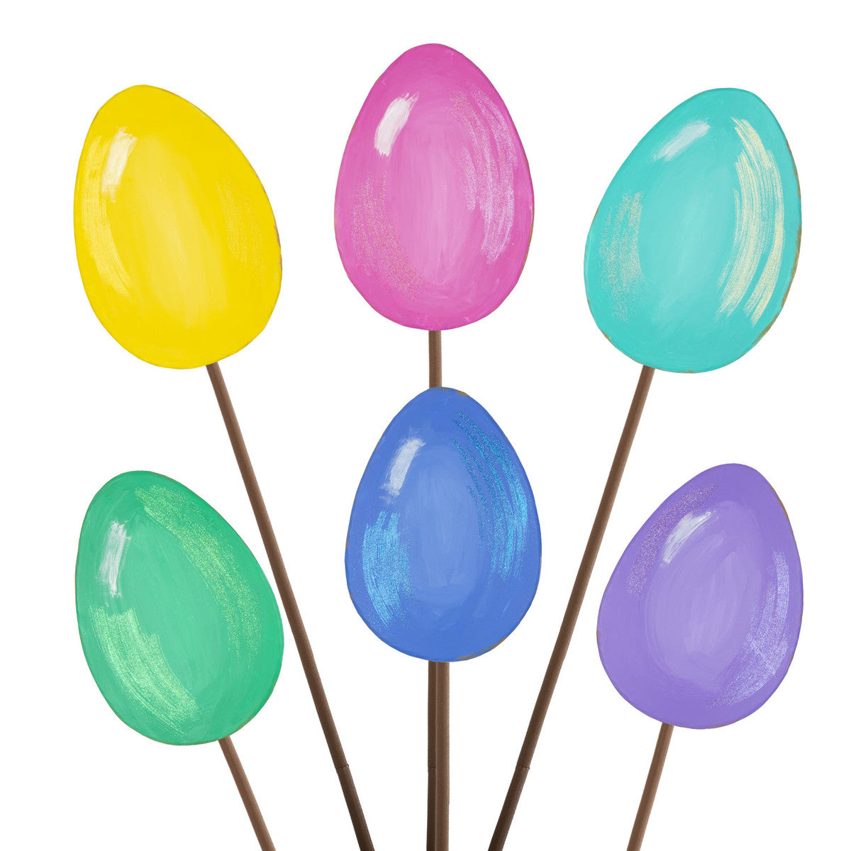Six colorful Easter eggs on sticks: yellow, pink, teal, green, blue, and purple.